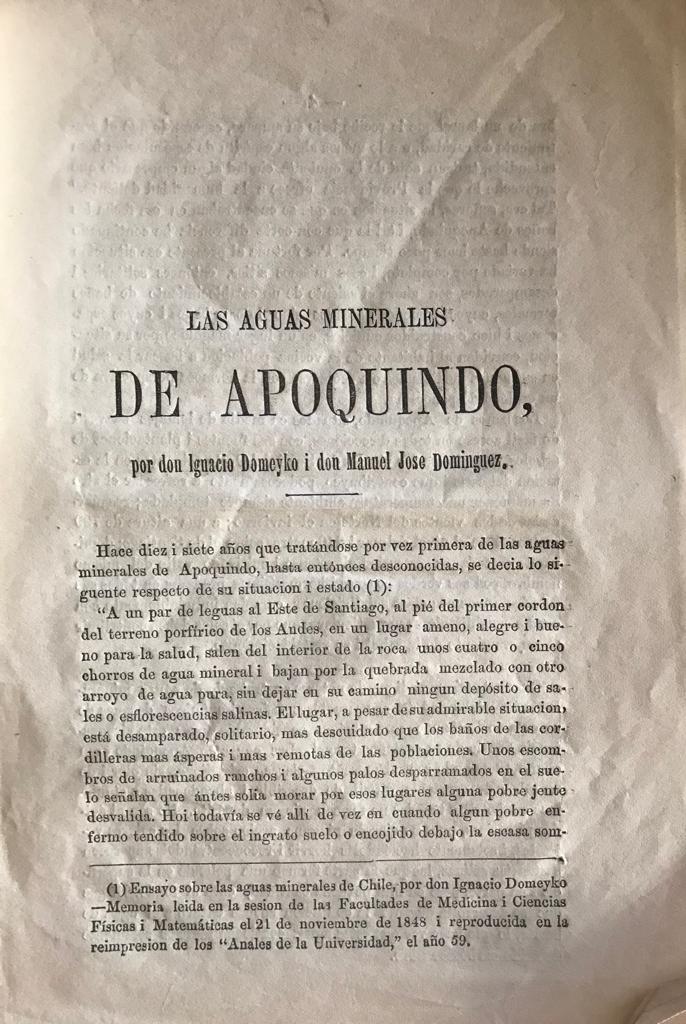 Ignacio Domeyko y D. Manuel José Dominguez	Las aguas minerales de Apoquindo 