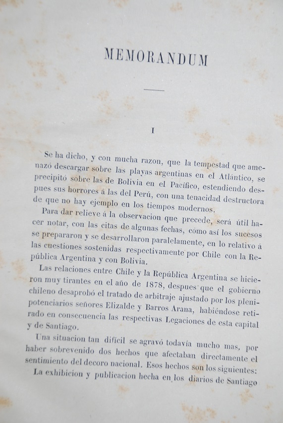 Memorandum acerca de los antecedentes y estado actual de la Guerra del Pacífico en cuanto puede concernir a la República Argentina.