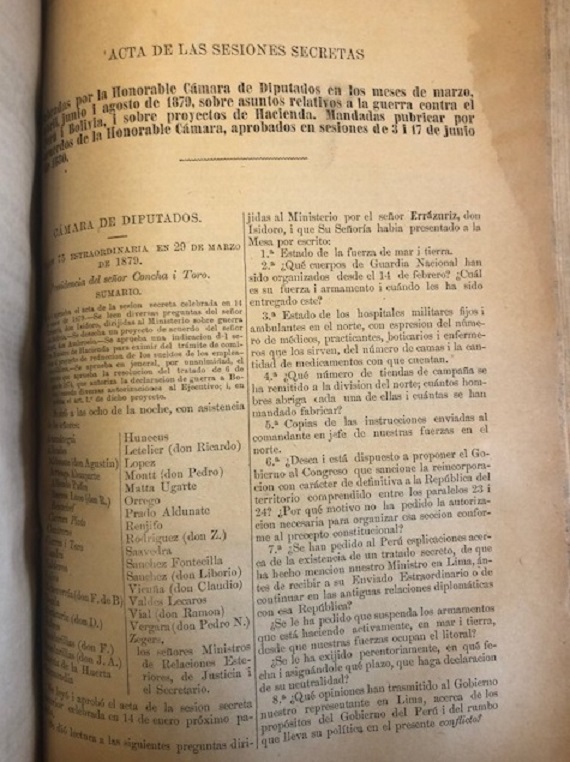 Congreso Nacional. Sesiones Ordinarias y secretas de la Cámara de Diputados y Sesiones Ordinarias y secretas del Senado en 1879.