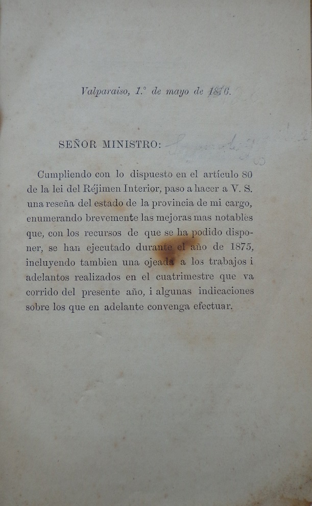 Memoria que el intendente de valparaíso presenta al señor ministro de lo interior en conformidad a  la ley