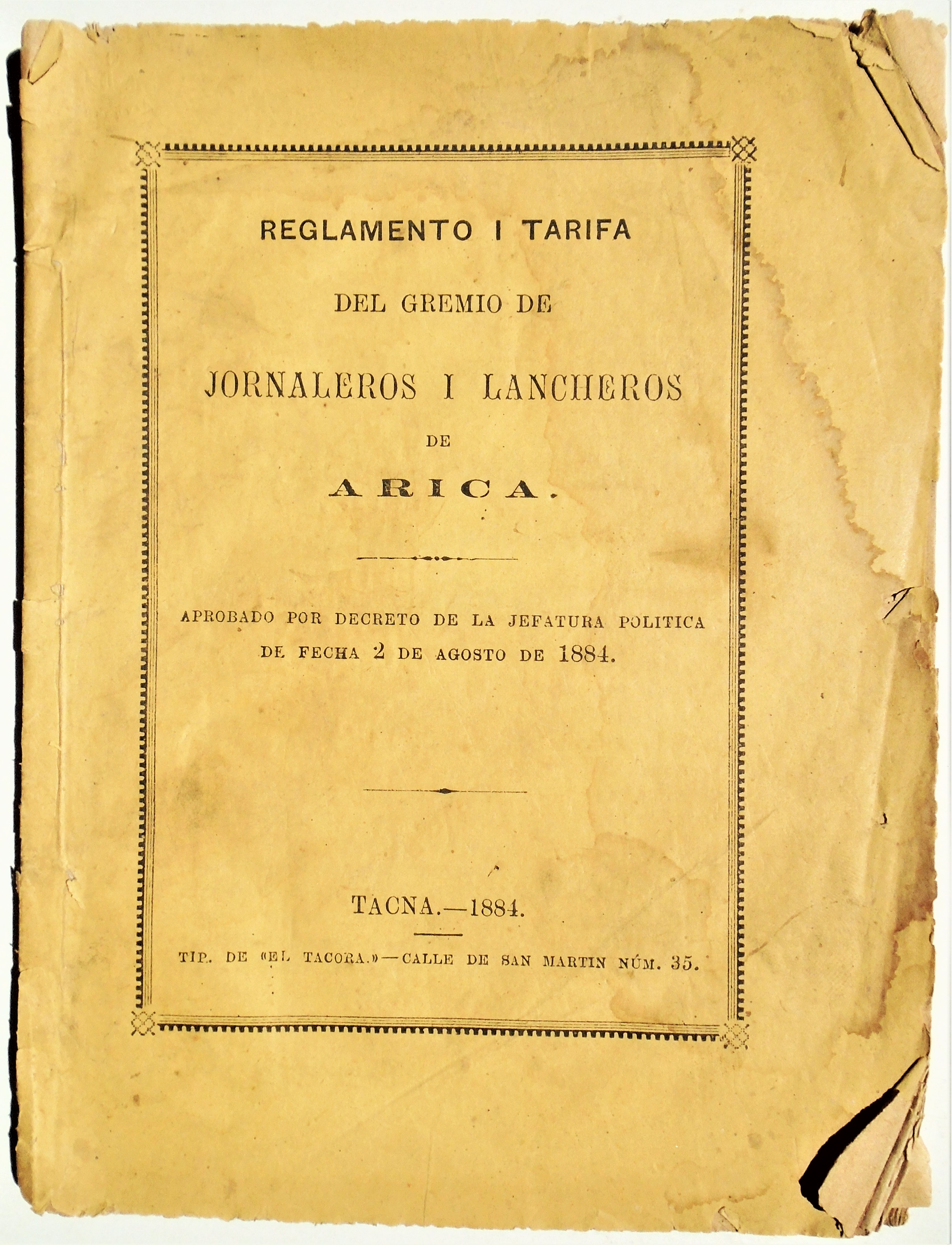 Reglamento i tarifa del gremio de jornaleros i lancheros de Arica